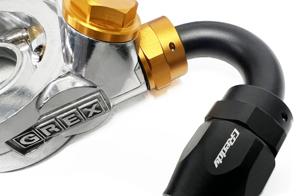 GReddy low-profile proprietary M18 x P1.5 O-ring direct -10 male Swivel Hose End(s) - Black / Gold anodized