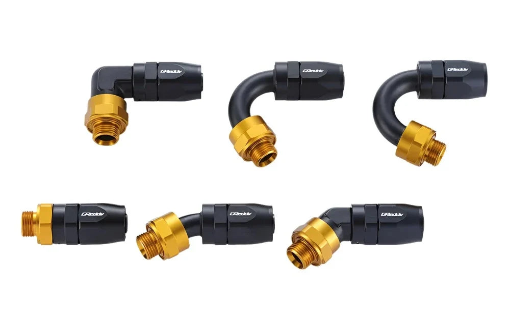 GReddy low-profile proprietary M18 x P1.5 O-ring direct -10 male Swivel Hose End(s) - Black / Gold anodized