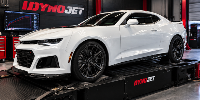 White Camaro on a Dynojet dynamometer