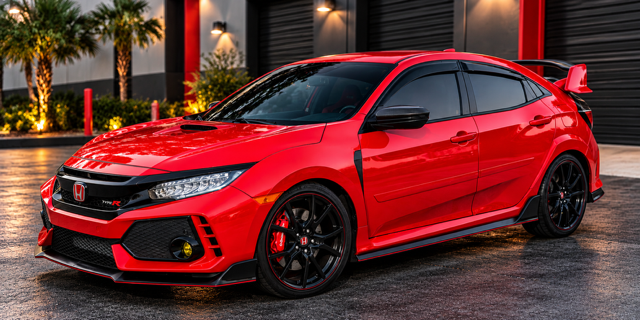 Red Honda Civic Type R outside a performance workshop