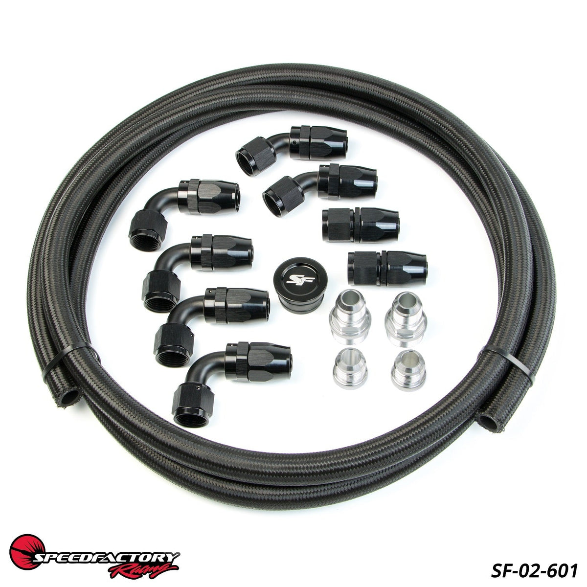 SpeedFactory Universal Catch Can Hose and Fitting Kit - Includes 4 -10an 90's, 2 -10an Straight, 2 -10an 45's and 10' of -10an Black Braided Hose